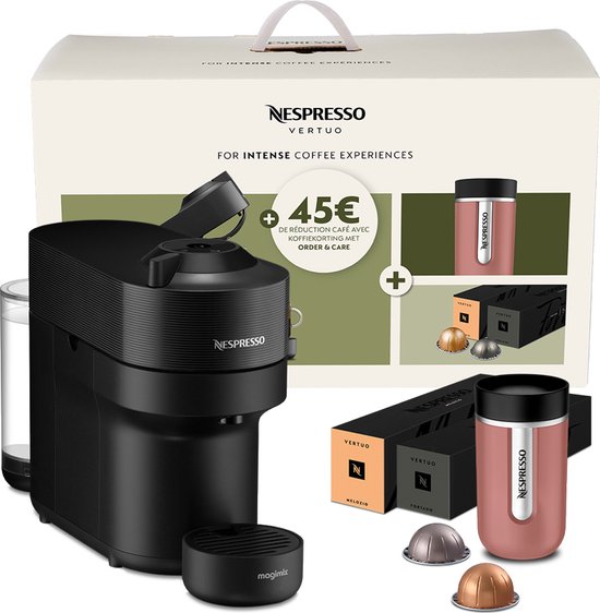 Magimix Nespresso Vertuo Pop + 20 capsules + Travel Mug – Machine à café – Liquorice Black