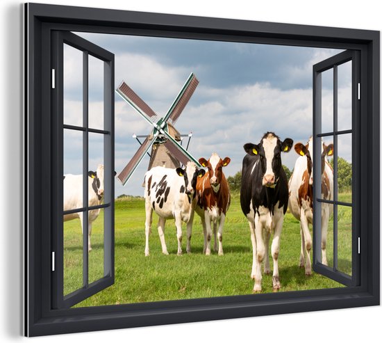 - Schilderij - Doorkijk - Koe - Molen - Koeien - Weiland - Gras - Groen - Foto op
