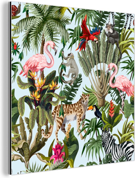 Wanddecoratie Metaal - Aluminium Schilderij Industrieel - Jungle - Dieren - Meisjes - Kinderen - Jongens - Flamingo - Papegaai - 90x90 cm - Dibond - Foto op aluminium - Industriële muurdecoratie - Voor de woonkamer/slaapkamer