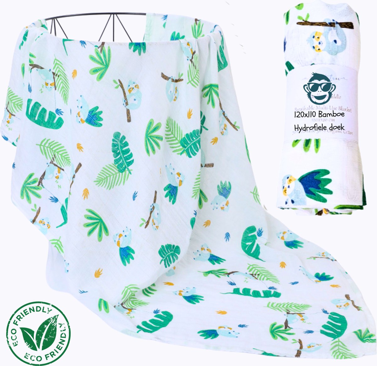 Goedkoopste Duopack 2x BoefieBoef Jungle Luiaard Grote XL Hydrofiele Doek Baby - Duurzaam Eco Bamboe - Kerst en KraamCadeau - Swaddle, Inbakerdoek, Hydrofiele Luier & Babydeken - Bladeren Plant Groen Wit