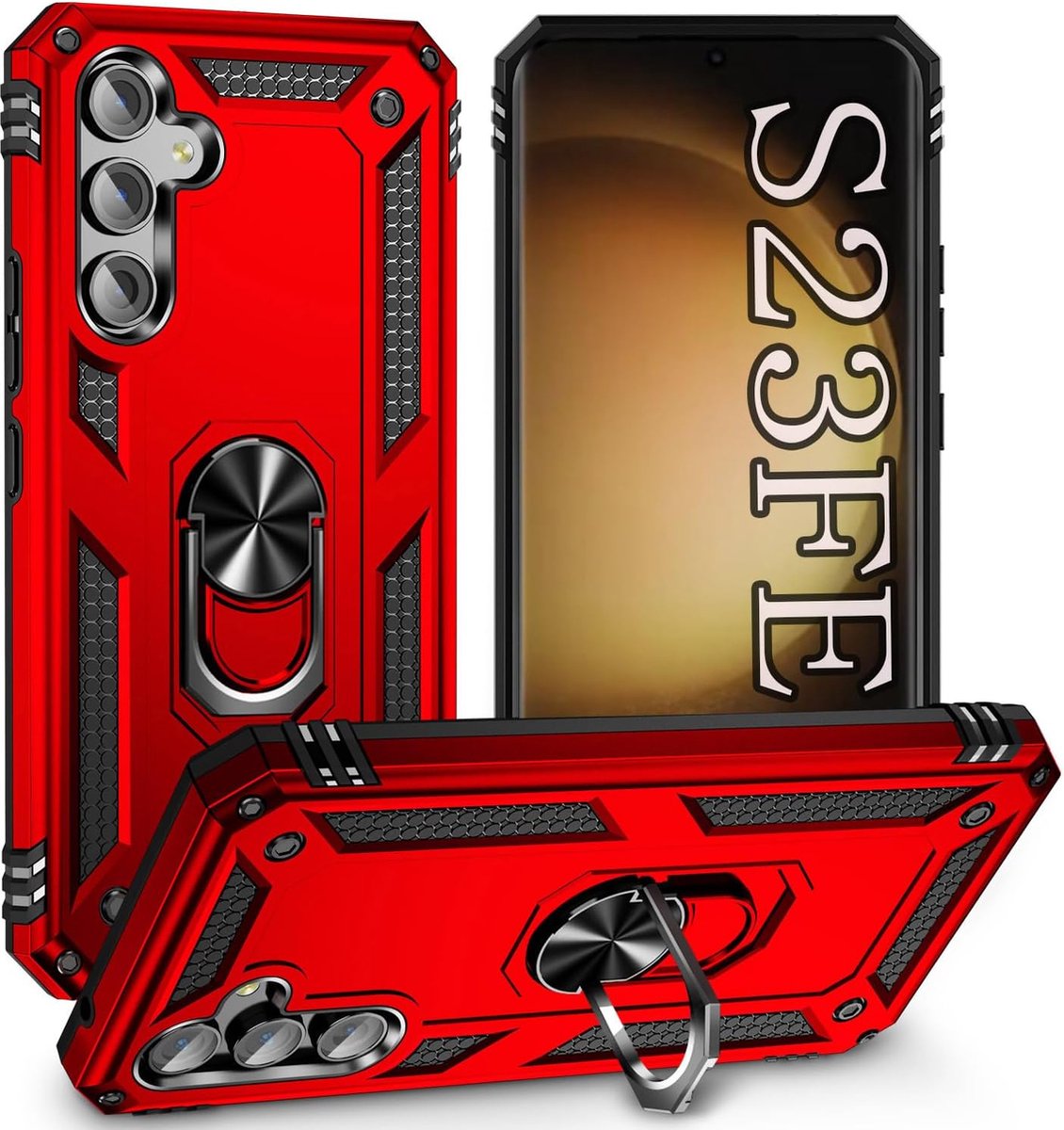 Anti-Shock Hybrid Ring Armor Hoesje Geschikt voor: Samsung Galaxy S23 FE - Rood