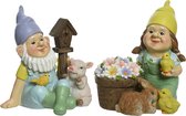 Tuinkabouter set 2x - met dieren - kunststeen - H16 cm