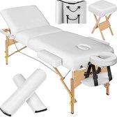tectake® - Massagetafel behandeltafel - matras 10 cm hoog en houten frame + rolkussens, draagtas en kruk - wit - behandelbank – incl. opbergtas – opvouwbaar