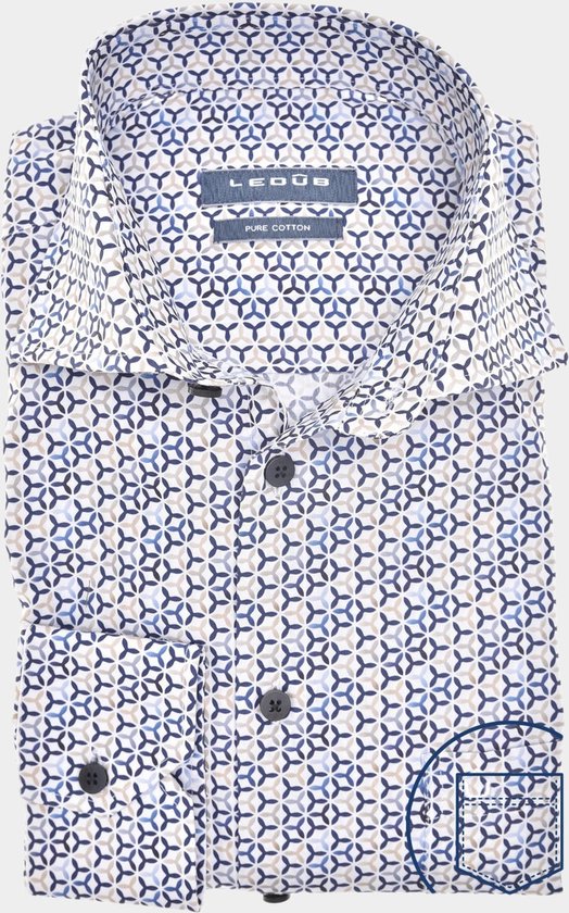 Ledub modern fit overhemd - popeline - wit met blauw en beige dessin - Strijkvriendelijk - Boordmaat: 40