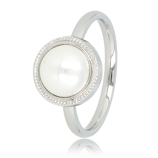 My Bendel - Vintage ring zilverkleurig met witte parel - Zilverkleurige edelstalen vintage ring met witte parel steen - Met luxe cadeauverpakking