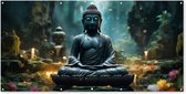 Poster de jardin Bouddha - Décoration de jardin Statue de Bouddha - 200x100 cm - Toile de jardin - Décoration murale pour extérieur - Poster de clôture - Tableaux de jardin Japon zen - Décoration murale de jardin - Posters de jardin