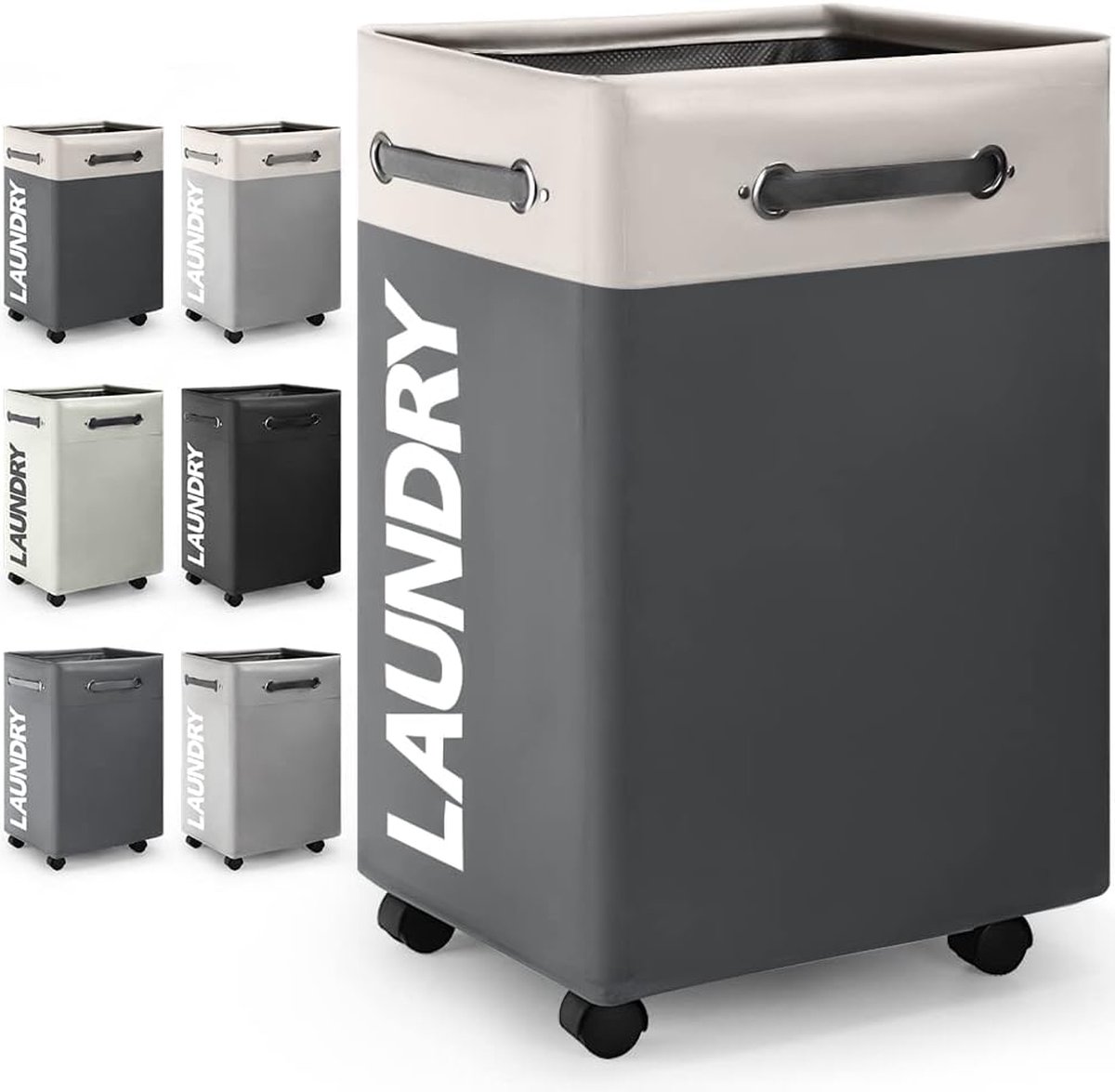 Goedkoopste Opvouwbare wasmanden met wielen, 74 liter, grote opvouwbare wasmand, rechthoekig, waterdicht, opvouwbare wasmand met wielen, praktische wasverzamelaar (wit donkergrijs o2