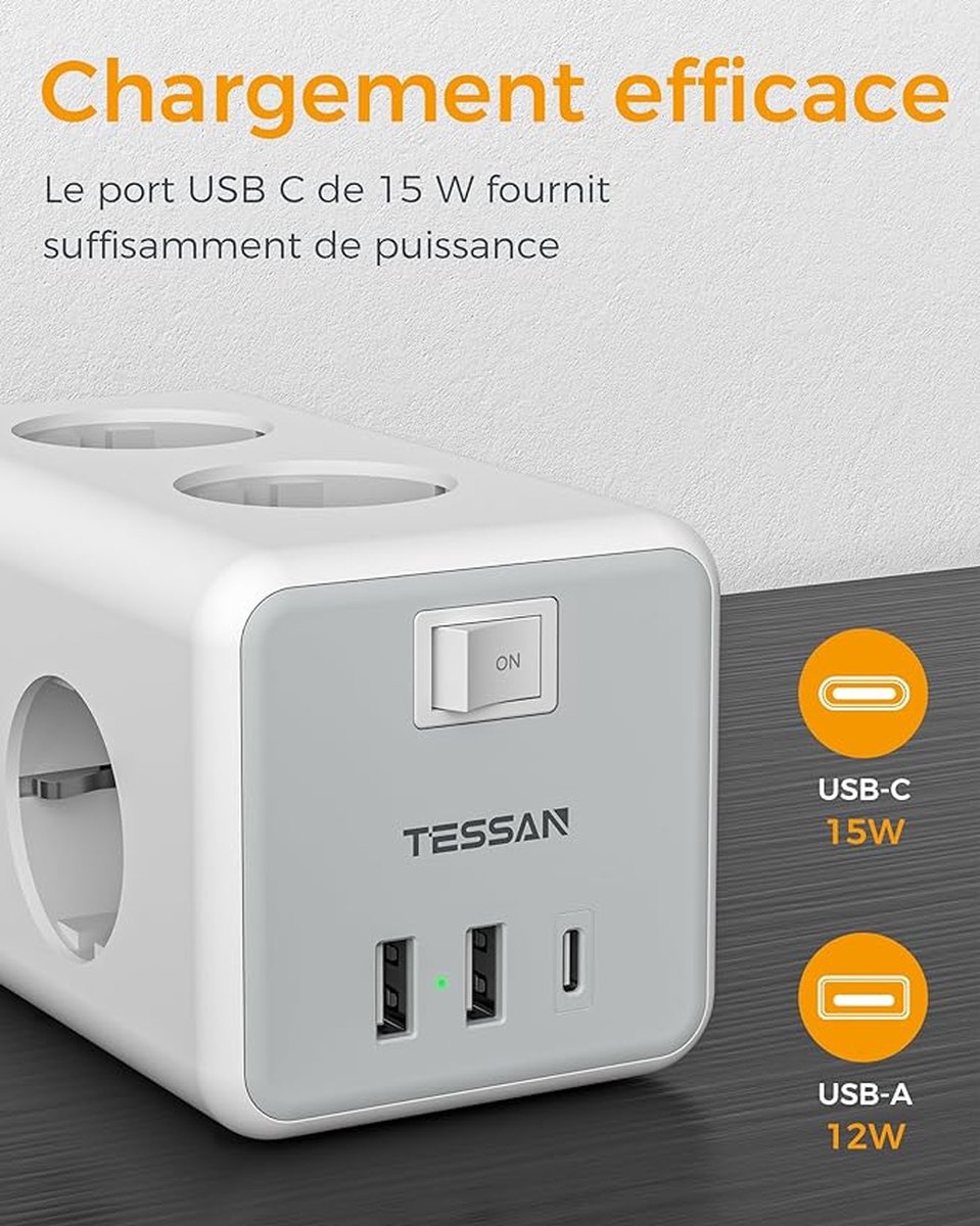 TESSAN 4 Voudige Stekkerdoos Met Verlengkabel 5M, 1 USB C En 2 A Schakelaar 3600w Verdeeldoos Stekkerdoos Meerdere Stopcontacten 688313973