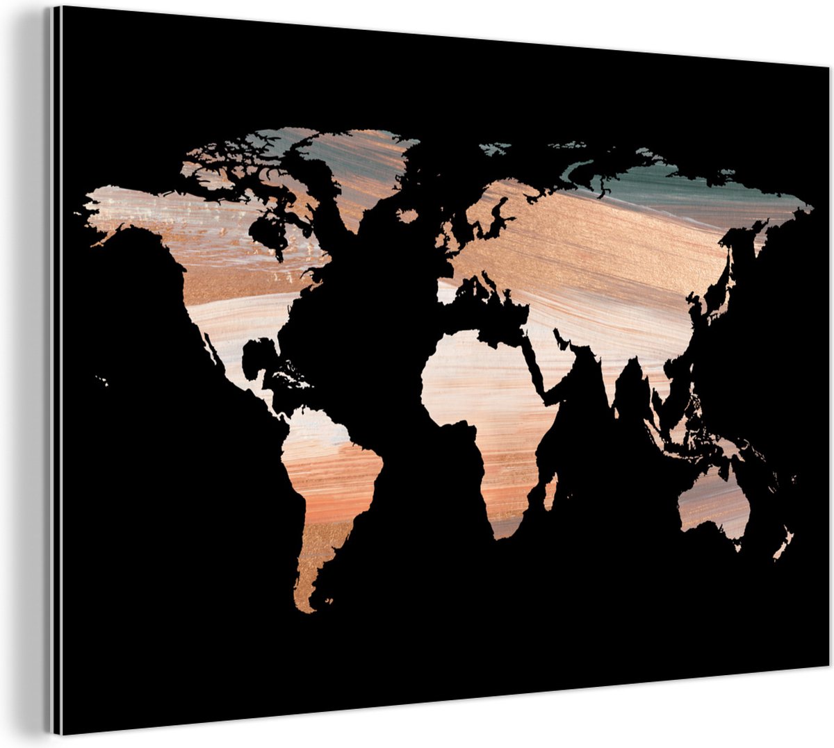 Wanddecoratie Metaal - Aluminium Schilderij Industrieel - Wereldkaart - Verf - Koper - 150x100 cm - Dibond - Foto op aluminium - Industriële muurdecoratie - Voor de woonkamer/slaapkamer