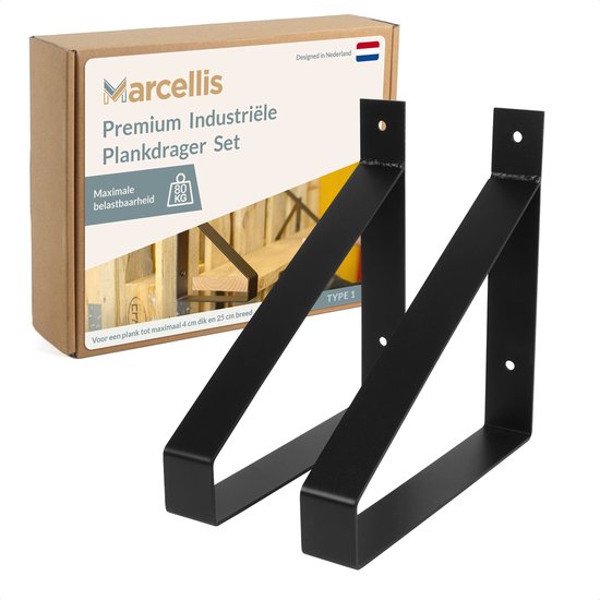 Deux supports d'étagère métalliques noirs mats avec le texte 'Marcellis Premium Industriële Plankdrager Set' sur la boîte.