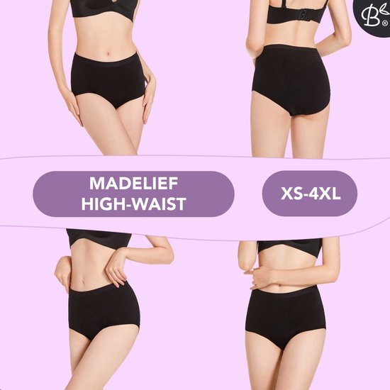 Quatre vues de sous-vêtements menstruels noirs 'Madelief' taille haute, tailles XS-4XL.