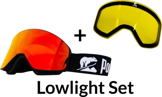 Luxe Magnetische Snowboardbril / Skibril SET - Rode Lens & Lowlight Lens (Slecht weer-lens) Zwart Frame + Beschermcase & Microfiber hoes - PolarShred - Anti fog - Cat.3 - 100% UV Bescherming - VLT 16%