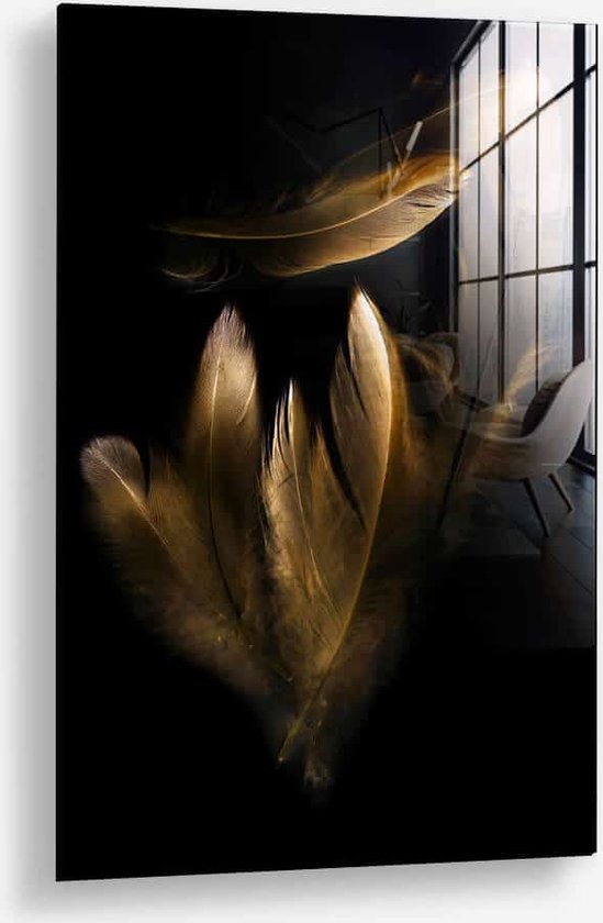 Wallfield™ - Golden Feathers | Glasschilderij | Gehard glas | 60 x 90 cm | Magnetisch Ophangsysteem