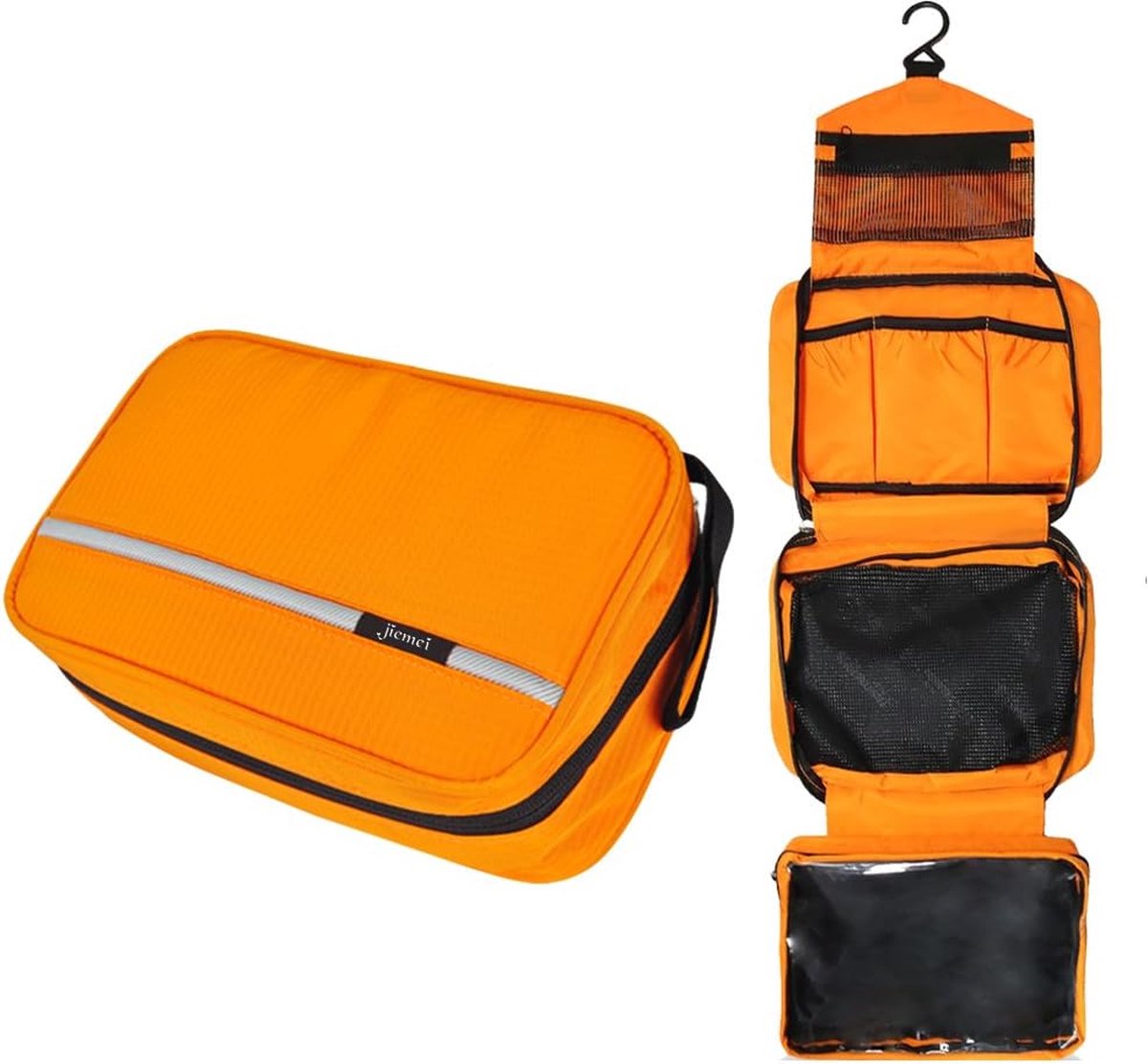 Travel Wash Bag Hangende toilettas voor mannen en vrouwen met 4 vakken, opvouwbaar, compact formaat, hoogwaardige ritssluiting, 2 stuks draagbare kleerhangers als cadeau, oranje