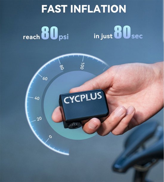 Hand houdt zwarte CYCPLUS pomp vast bij een snelheidsmeter-illustratie. "FAST INFLATION reach 80 psi in just 80 sec".