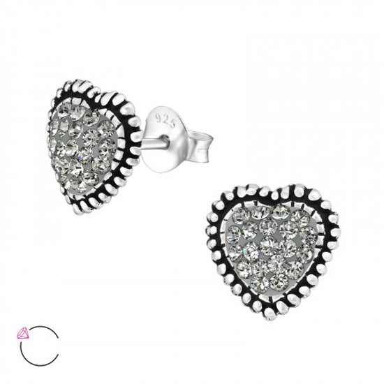 Joy|S - Zilveren hartje oorbellen - 9 mm - Swarovski kristal black diamond grijs - geoxideerd - oorknoppen