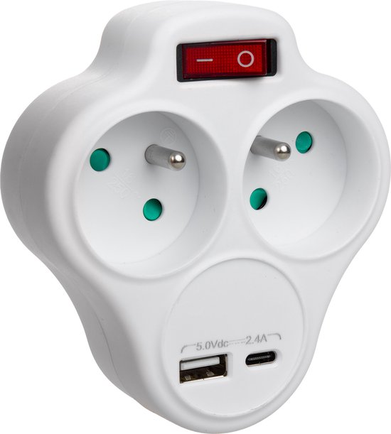 Maclean - répartiteur de prises avec 2 prises et USB A/C 2,4A - type E - 2x16A - MCE336 E