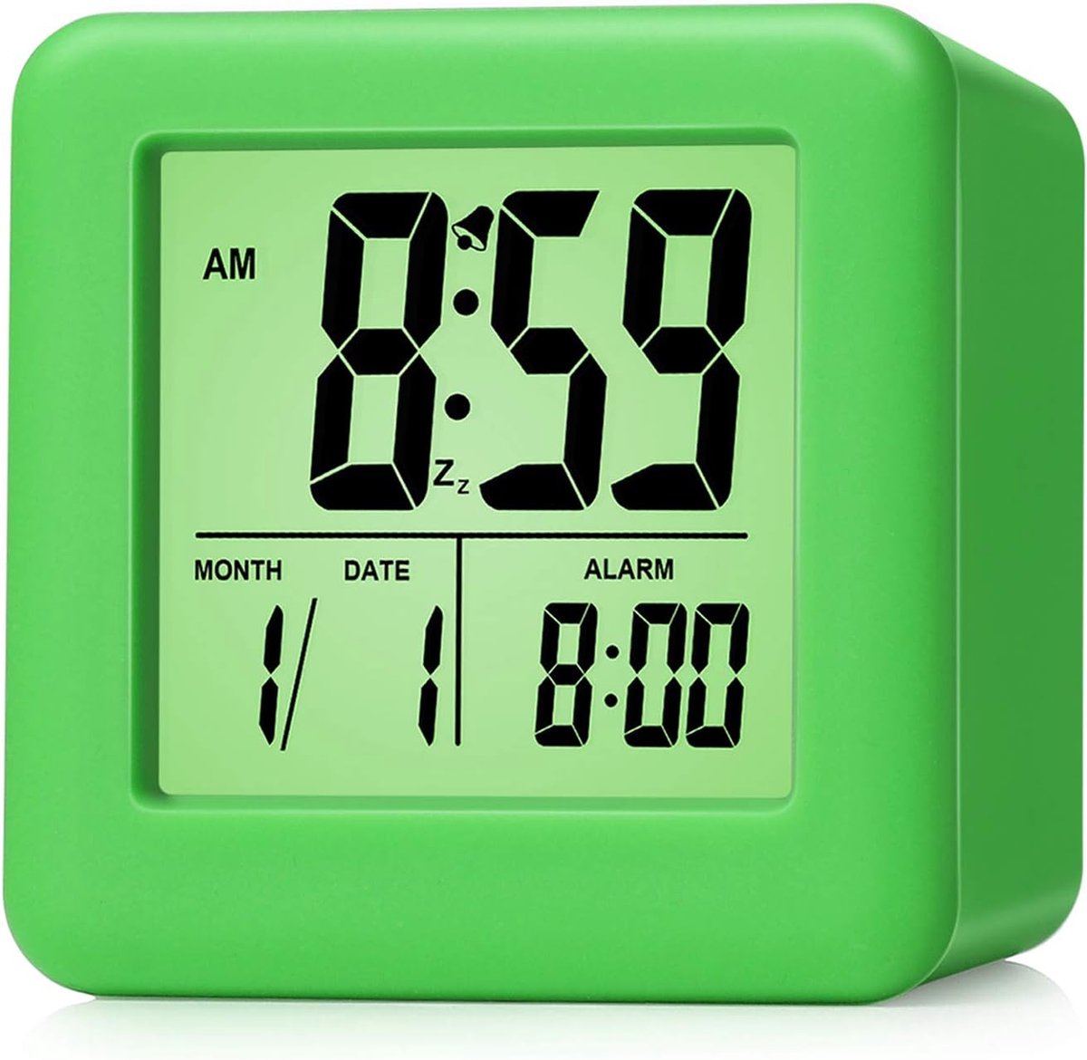 Digitale Reiswekker met Eenvoudige Instelling, Snooze, Achtergrondverlichting en Groot Display voor Tijd, Maand, Datum en Wekker (Groen)