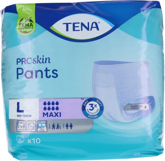 TENA Proskin Pants Maxi, maat L, 10 stuks. Witte incontinentiebroekjes met blauwe en groene verpakking.