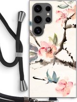 Case Company® - Hoesje met koord geschikt voor Samsung Galaxy S24 Ultra hoesje met Koord - Japanse bloemen - Telefoonhoesje met Zwart Koord - Bescherming aan alle Kanten en Over de Schermrand