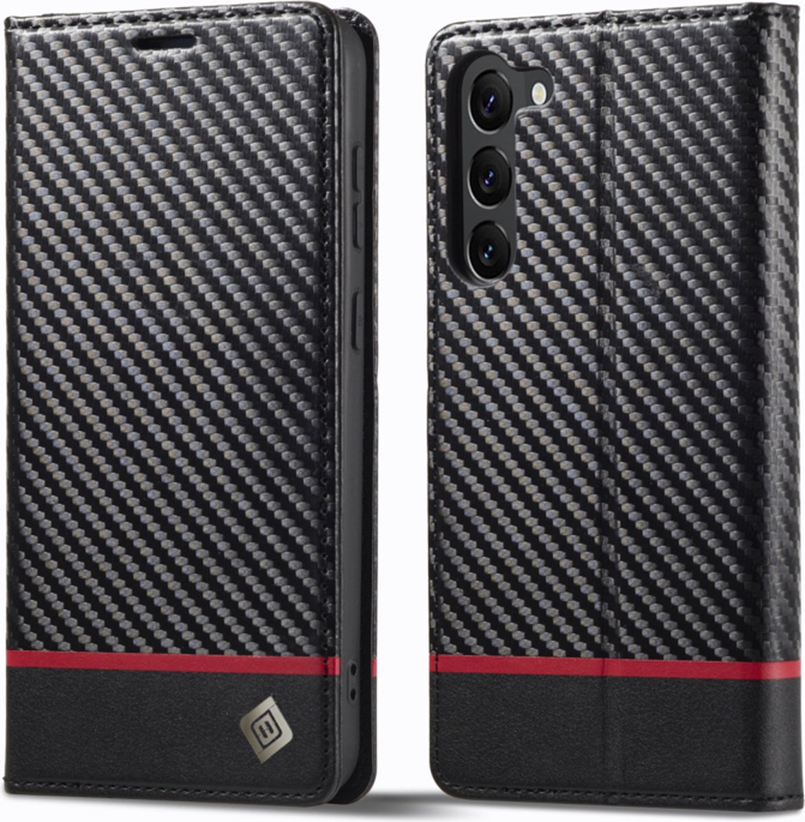 Luxe BookCover Hoes Etui geschikt voor Samsung Galaxy S24 - S25 - Zwart Rood Carbon v2