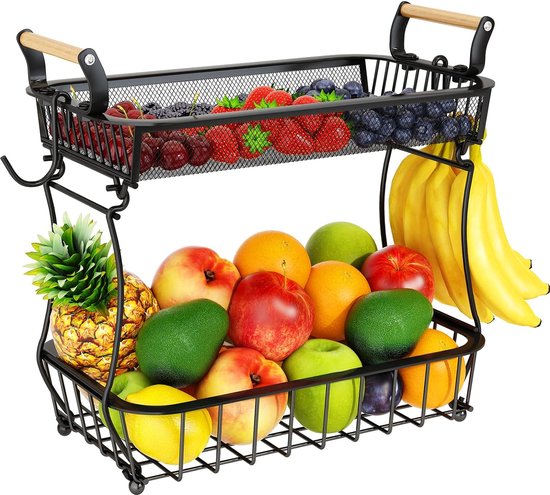 GILLAS Fruitmand met 2 niveaus en 2 bananenhangers voor keuken, afneembare metalen organizer voor brood, groentefruit met houten handvat, rechthoekige opbergbak met grote capaciteit, zwart