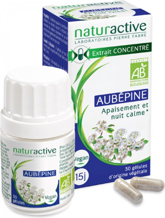 Naturactive AUBÉPINE 30 plantaardige capsules, met afbeelding van witte bloesems en groene bladeren op de verpakking.