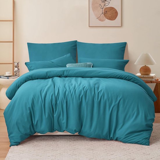 Beddengoed 220x240 3-delig turquoise - dekbedovertrek 220 x 240 set met kussenslopen, beddengoedsets 240x220 van microvezel met ritssluiting, zacht en strijkvrij