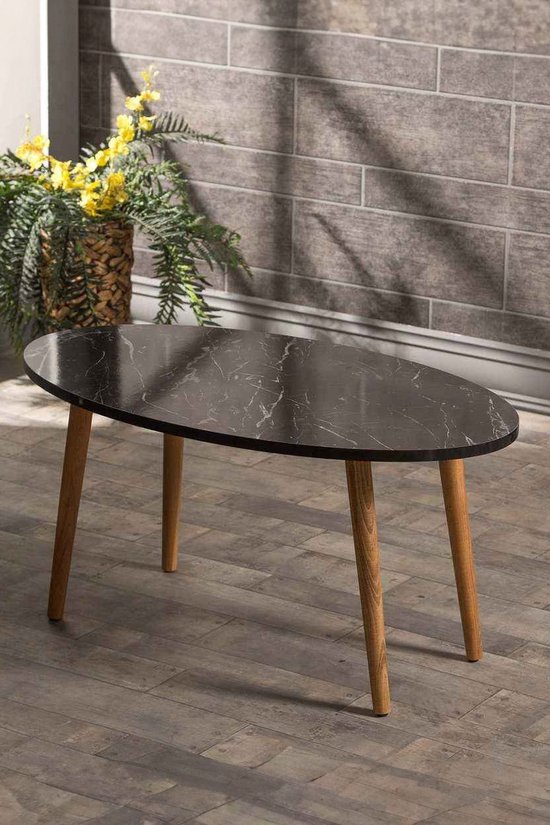 Salontafel - Houten Ellipse - Zwart marmerpatroon- Luxe design | Bijzettafel | Sofa tafel | Woonkamer tafel I Houten poten (2001)