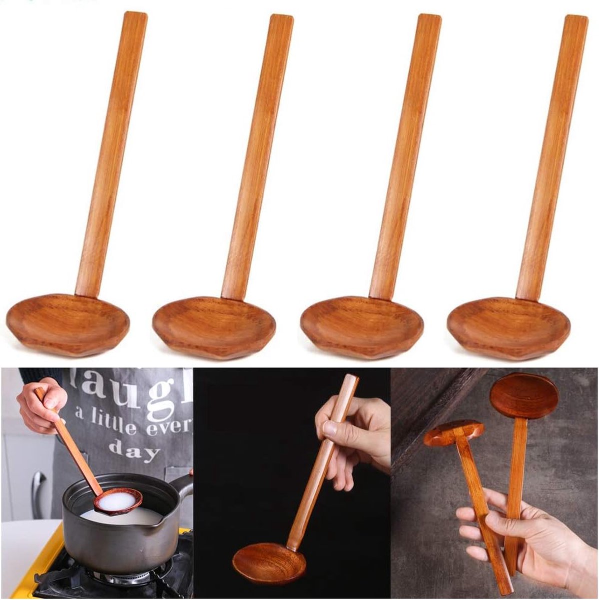 4 stuks natuurlijke houten lepels milieuvriendelijke houten lepels set in Japanse stijl houten lepel eetlepel soeplepel natuurlijke lepel hout keukengerei koffie thee honing