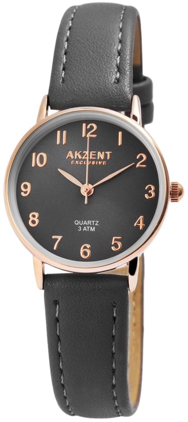 Akzent-Dames horloge-Analoog-Rond-28MM-Rozekleurig-Grijs lederen band.