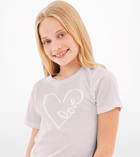 T-shirt voor meisjes met love hart | Oud Roos | Wit | Maat 140
