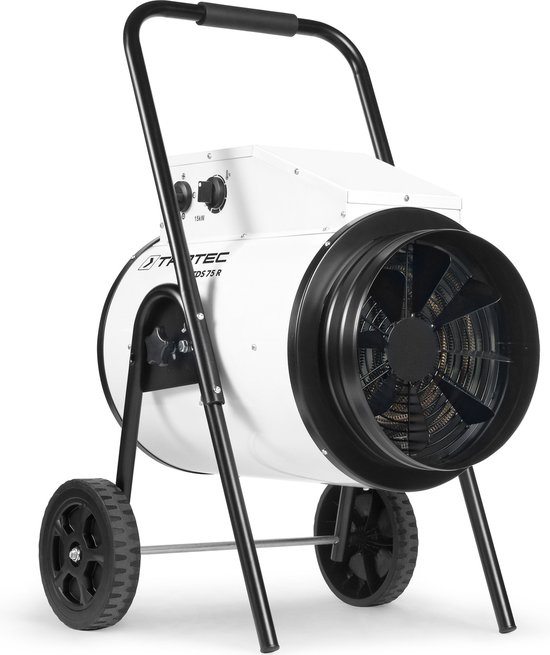 Schuin vooraanzicht van de witte Trotec TDS 75 R elektrische kachel op wielen.
