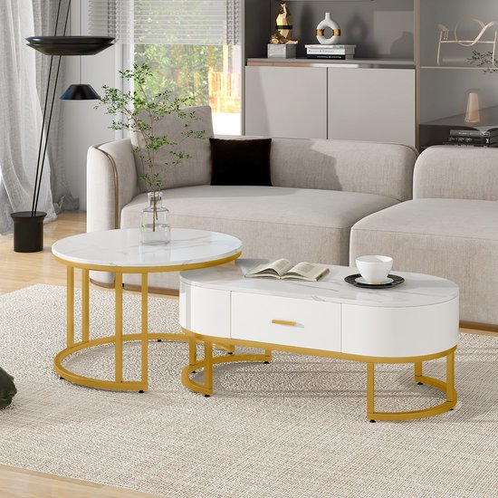 Set de 2 tables basses - Tables d'appoint modernes rondes et ovales structure métal doré - Diamètre 70 cm et 100 cm - Blanc