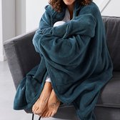 Hoodie fleece plaid deken met extra stuk voor warme handen - bespaar energie met deze plaid - kleur ocean