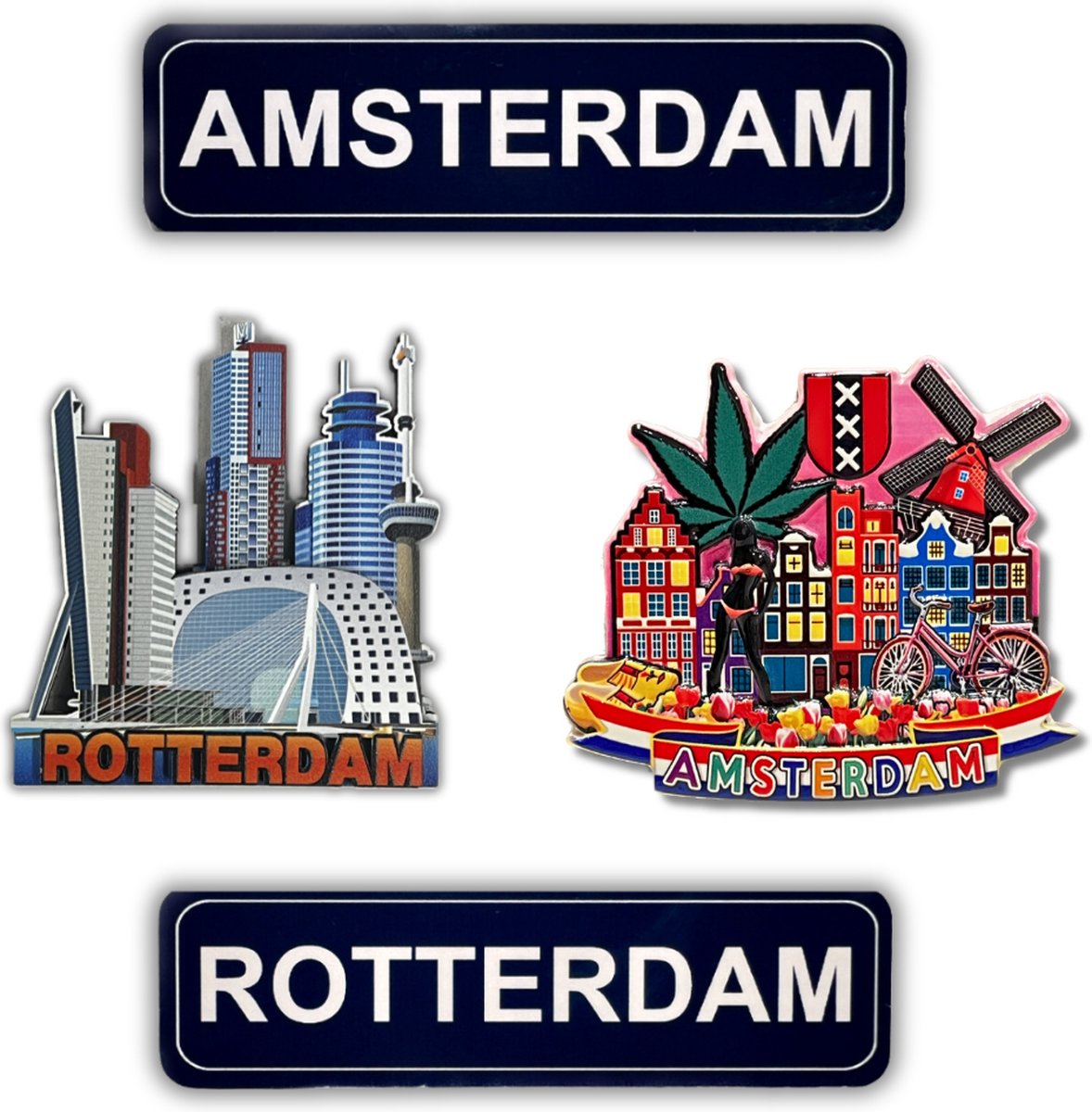 Koelkastmagneten Set: Rotterdam & Amsterdam Naambord - Holland Souvenirs - 4 stuks