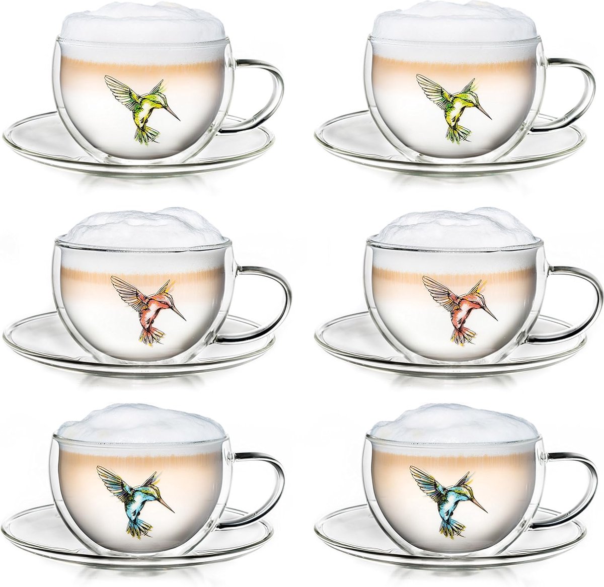 Dubbelwandige latte macchiato-glazen, theeglazen, met kolibrie-afbeelding, met schoteltje, 250 ml, in exclusieve geschenkdoos, 6-delig, 2 x blauw/rood/groen