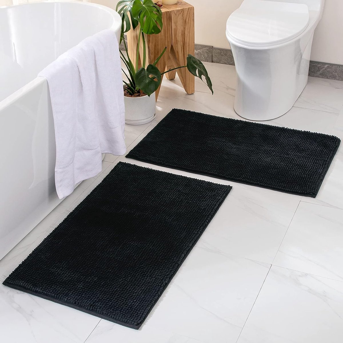 Badmat Chenille Badmat, set van 2, badkamertapijt, antislip, wasbaar, douchemat, voetmatten, badkamer, woonkamer, slaapkamer, 50 x 80 cm, zwart