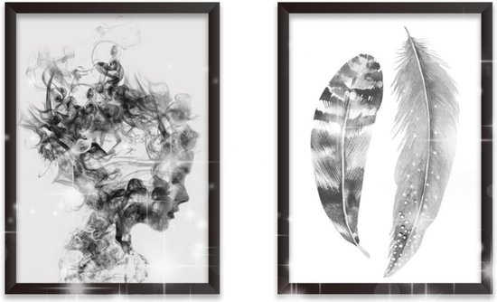 Set de 2 tableaux pour salon, chambre déco, salle de bain déco, décoration de chambre, fille et plumes, 30 x 40 cm, impression sur toile, noir et blanc, décoration encadrée, pour salon et