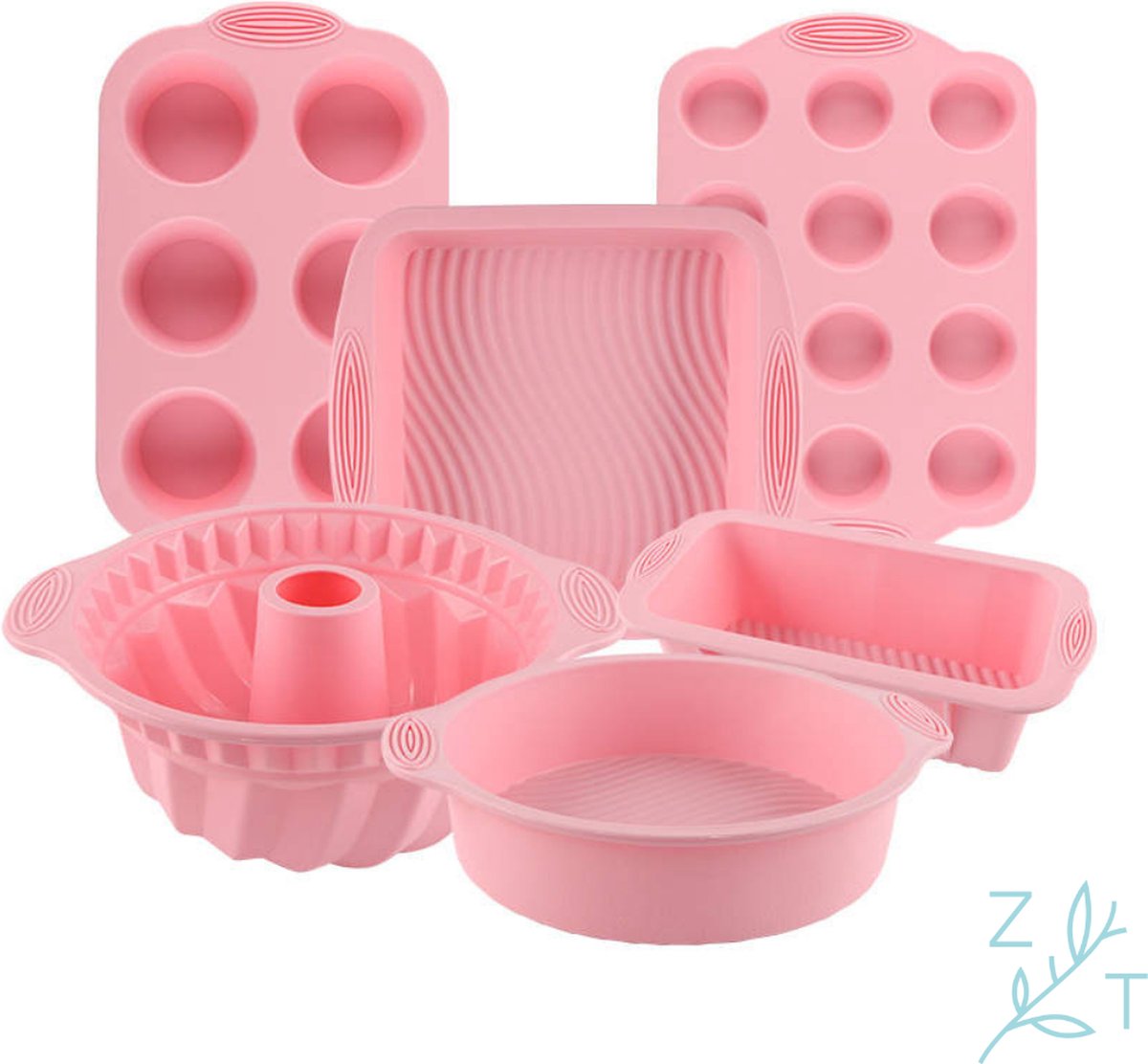 ZijTak - Bakset - 6-delig - muffin - cupcake bakvorm - siliconen - cakevorm - tulbandvorm - vierkante bakvorm - taartvorm - roze