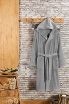 Joyaria Dames winter fleece badjas/ochtendjas/saunajas/huisjas met capuchon, warm zacht pluche, wollig, lang, S-XL, Mistblauwe capuchon, L