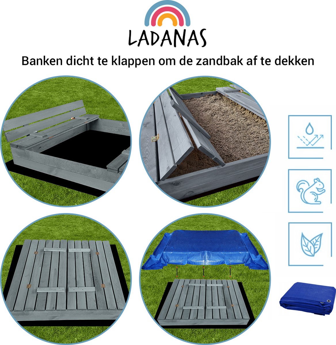 Afsluitbare Zandbak met Banken 120x120 cm – Gecertificeerd & Geïmpregneerd in Grijs | Incl. AFDEKZEIL & GRONDDOEK | Voor 1-2 Kinderen — afbeelding 14