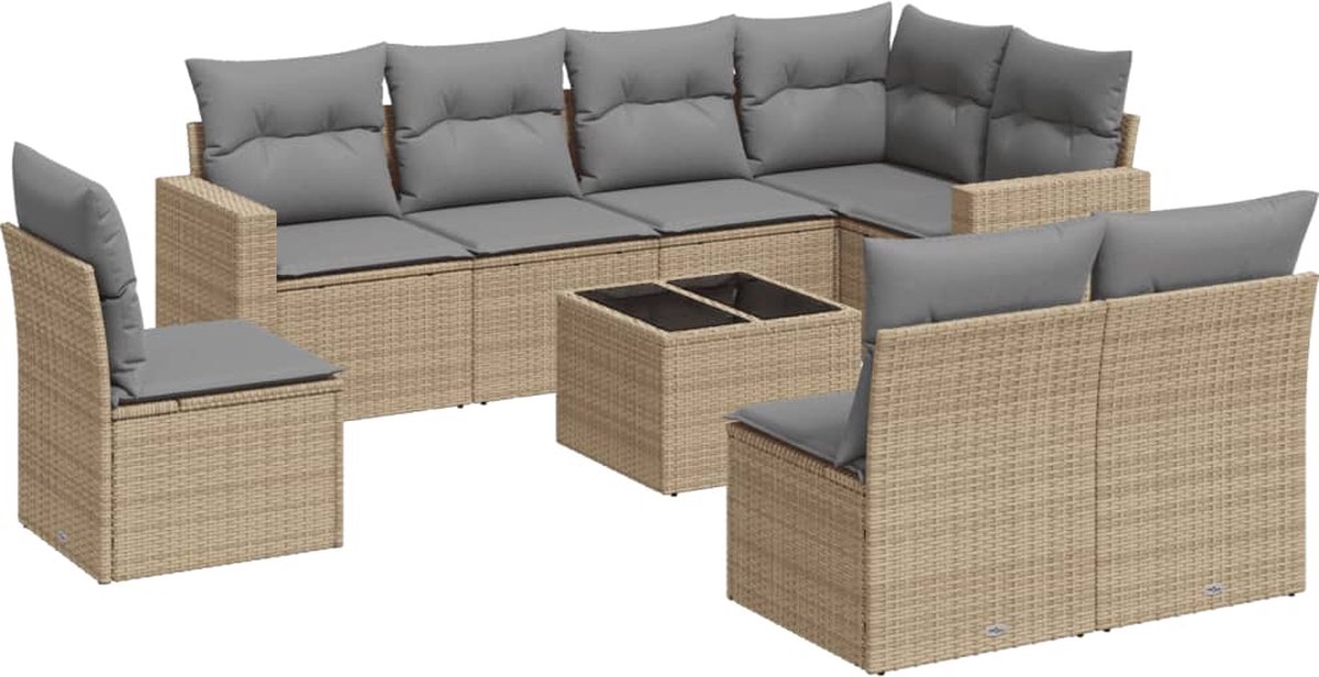 vidaXL 9-delige - Loungeset - met - kussens - poly - rattan - beige