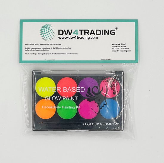 DW4Trading Glow in The Dark Face & Body Paint Set - Waterbasis - 8 Kleuren - 1 Kwast - DW4Trading