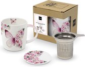 theemok - vlinder - bloemen - PPD - porselein - bone China - moederdag - Valentijn - kadoverpakking - deksel - theezeefje