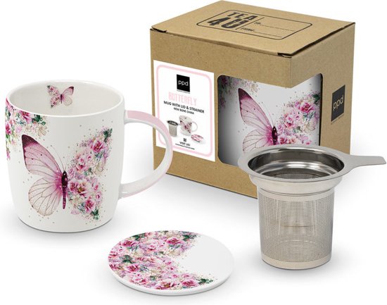 tasse à thé - papillon - fleurs - PPD - porcelaine - porcelaine tendre - fête des mères - Saint-Valentin - emballage cadeau - couvercle - passoire à thé
