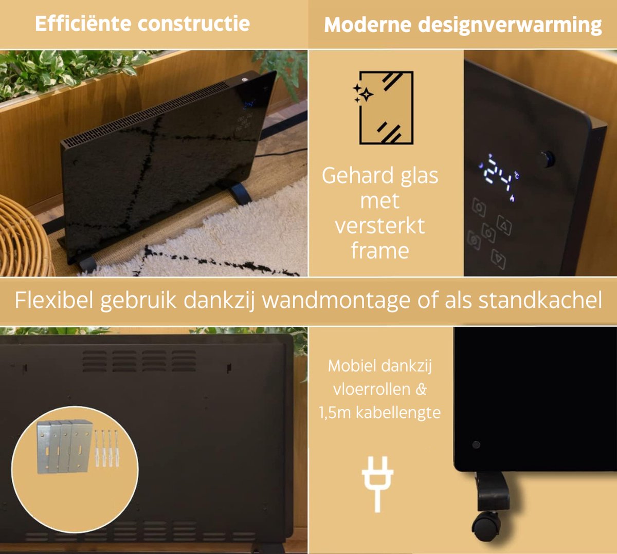 Elektrische Verwarming - Mobiele Convectorverwarming met Vloerwielen & Wandhouder