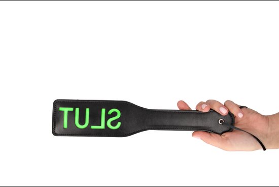 Shots - Ouch! OU870GLO - 'Slut'' Paddle - Glow in the Dark - Black/Neon Green