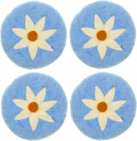 Onderzetters Vilt - Set 4 stuks - Blauw met Witte Margriet - 10 cm - Fairtrade Sjaalmetverhaal