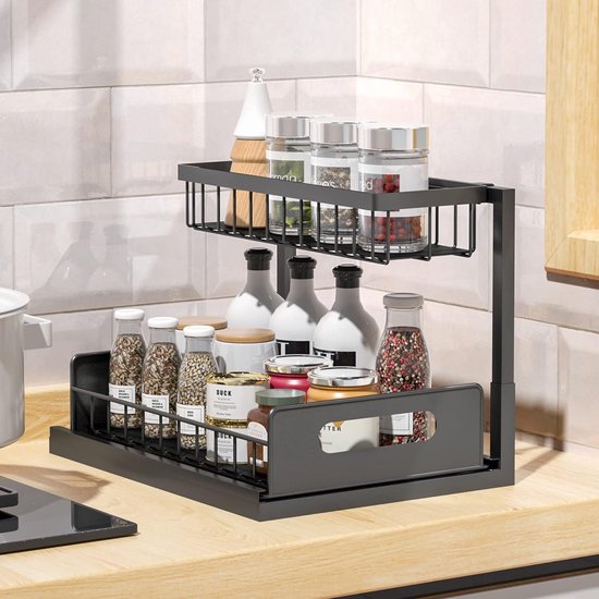 Under-Sink Shelf, 2-Level Premium Steel Sink Organiser, Under-Sink Organiser, Kitchen Organiser, Worktop Shelf with Sliding Drawer, Under-Cabinet Shelf, Spice Rack